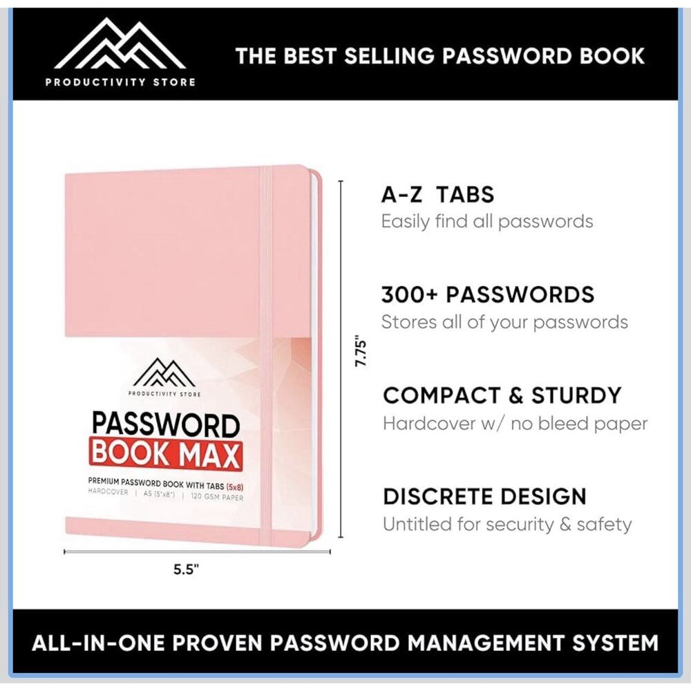 Password Book W/ Alphabetical Tabs Organizer & Notebook Password Keeper Pink 5x8